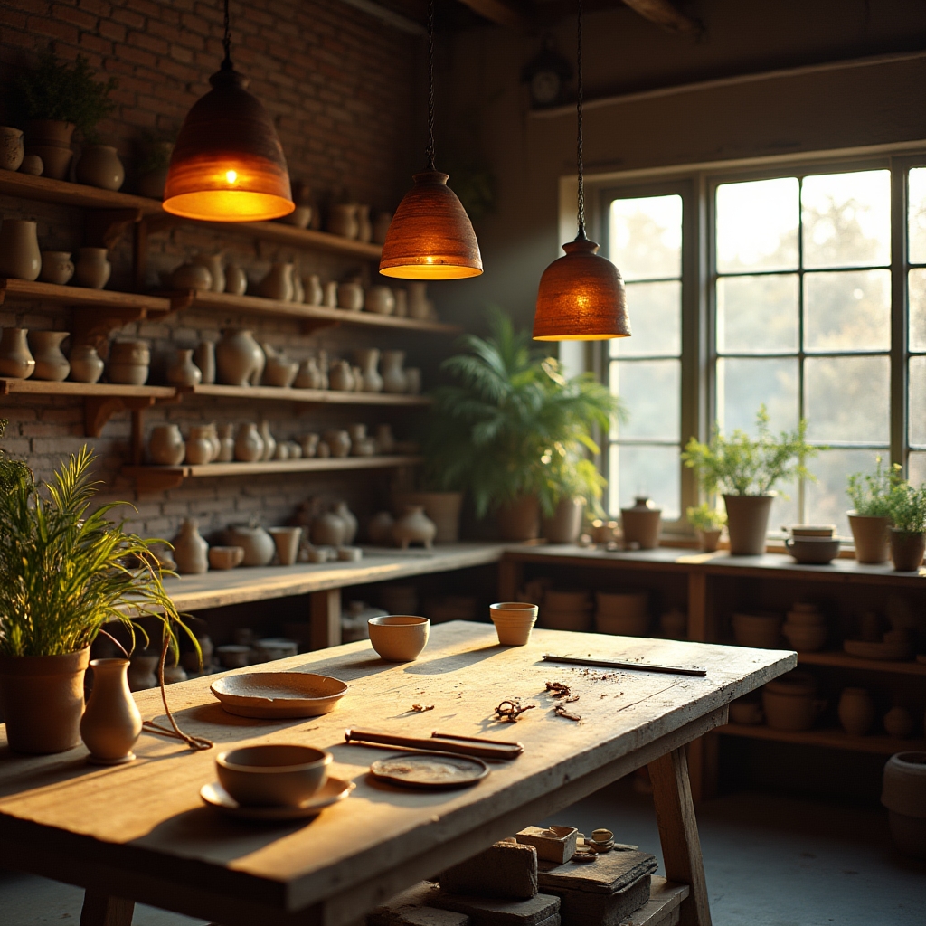 Interior atelier de ceramică cu lumină caldă